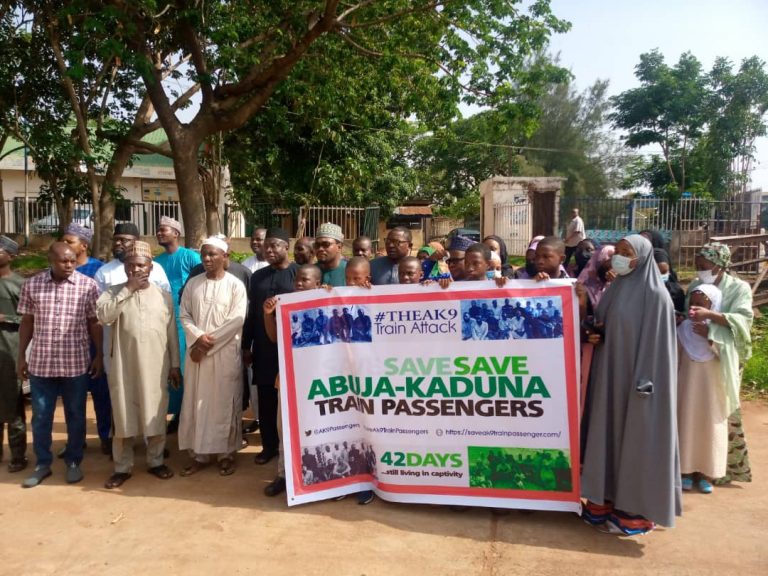 Families of abducted Kaduna train passengers stage protest in Abuja, demand release of bandits’ children